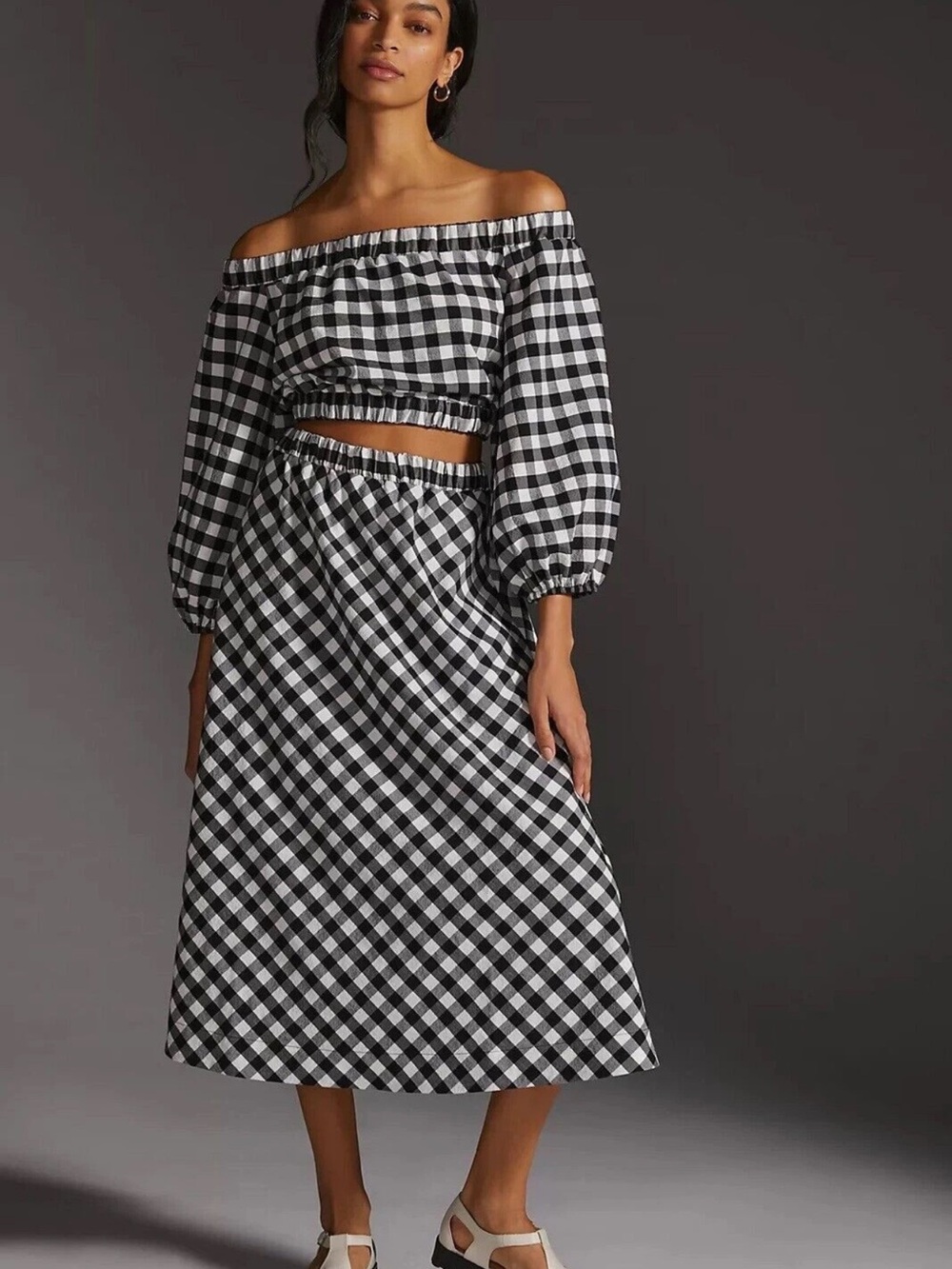 Anthropologie Maeve Black & White Gingham Midi Skirt Oversized